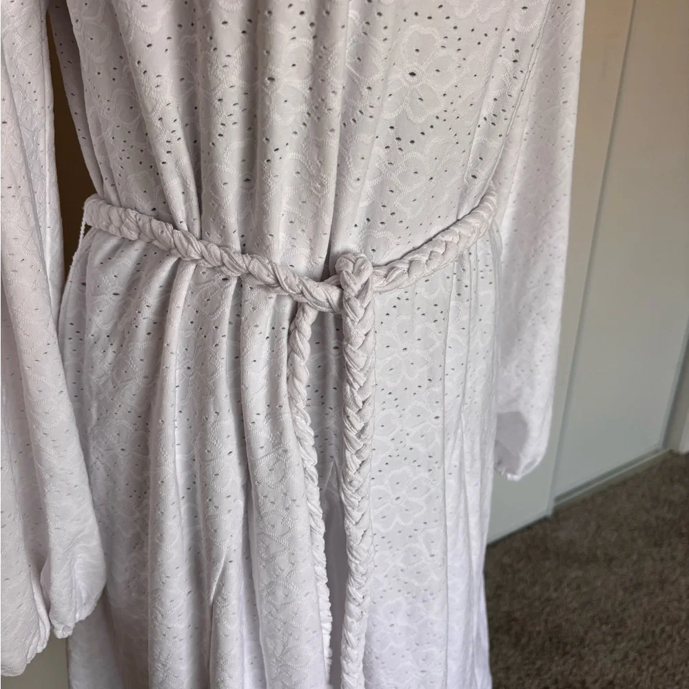 XL Michael Kors Womens White Braided Tie-Waist Eyelet Fit Flare A-Line Dress